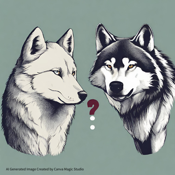 AI Generated illustrated image with two wolves (of different species) with a question mark in between them.