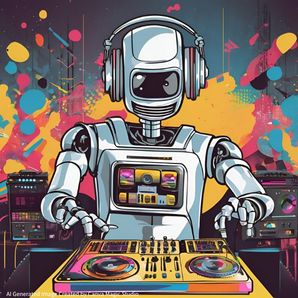 A robot wearing headphones pretending to be a DJ and spinning music