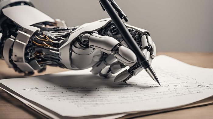 A robotic hand writing on a piece of paper